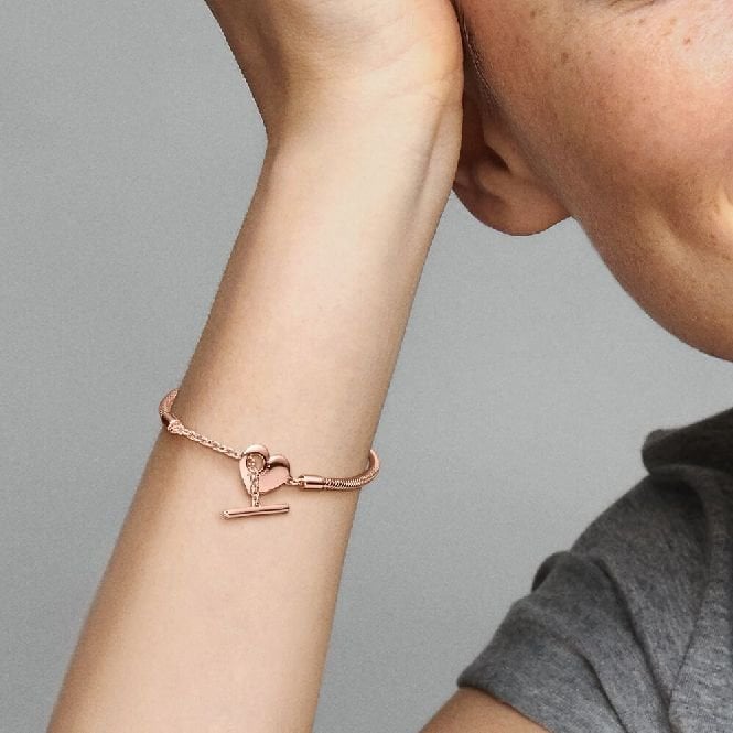 Moments Rose Heart T-Bar Snake Chain Bracelet, 16cm
