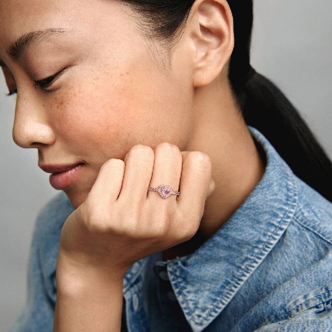 Rose Sparkling Elevated Pink Heart Ring, Size 52