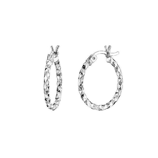 Diamond Cut Silver Clip Hoop Earrings, 15mm Small