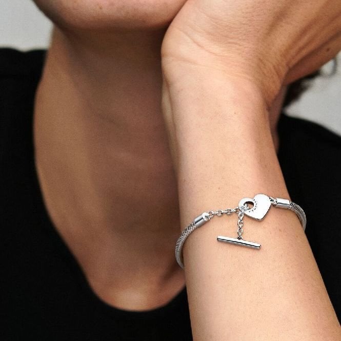Moments Heart T-Bar Snake Chain Bracelet, 23cm