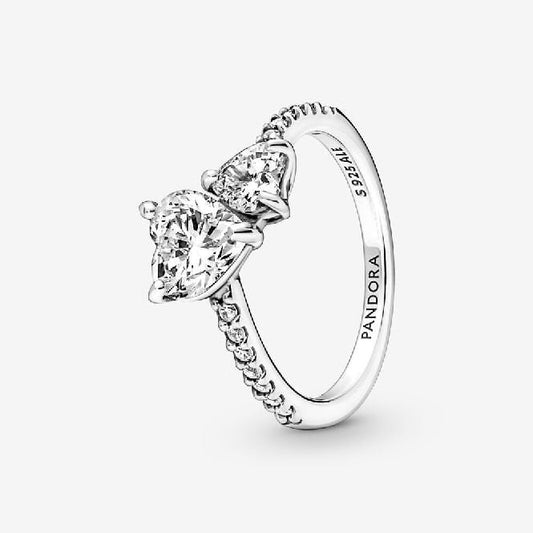 Double Heart Sparkling Ring, Size 58