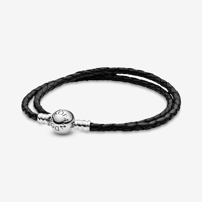 Moments Double Black Leather Bracelet, 44cm