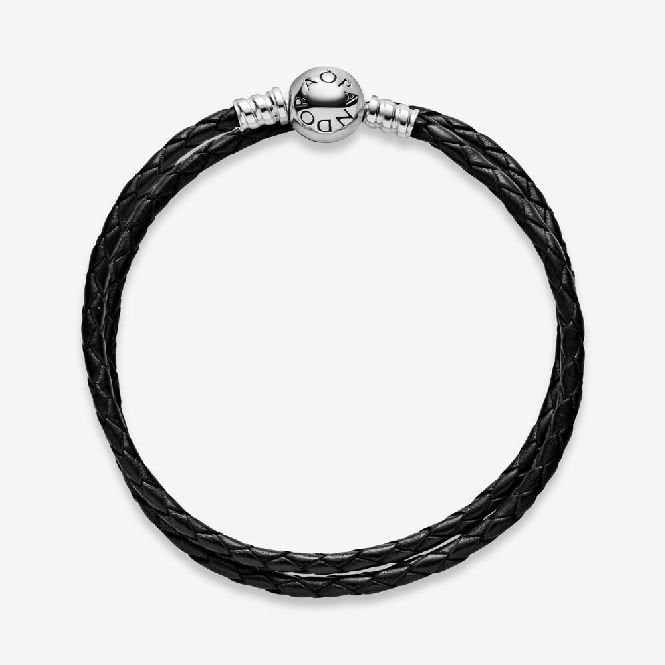 Moments Double Black Leather Bracelet, 44cm