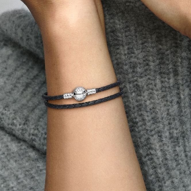 Moments Double Black Leather Bracelet, 44cm