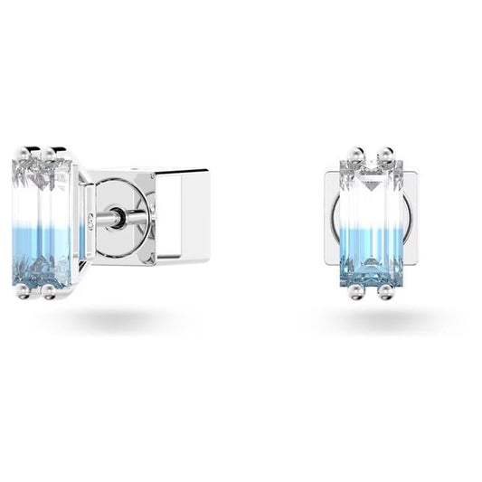 Chroma Stud Earrings with Baguette-Cut Blue Crystal in Rhodium Silver
