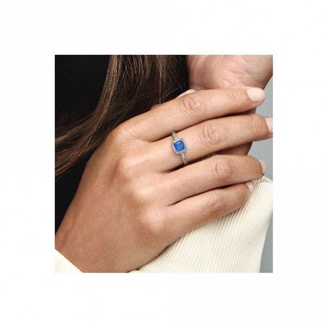 Blue Square Sparkle Halo Ring, Size 60