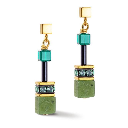GeoCUBE Iconic Precious Earrings in Gold & Green