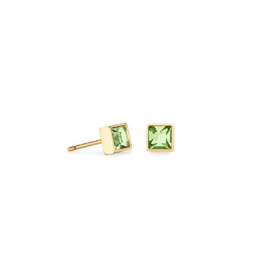 Green Crystal and Gold Square Stud Earrings