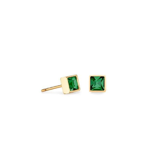 Dark Green Crystal and Gold Square Stud Earrings