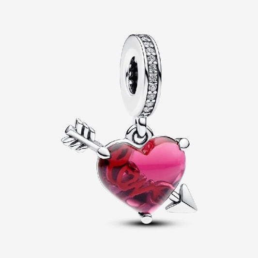 Red Heart & Arrow Murano Glass Dangle Charms