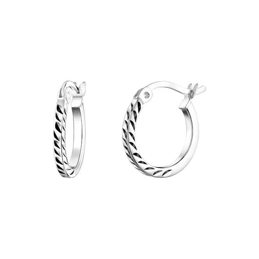 Half Diamond Cut Silver Clip Hoop Earrings, 14mm Small