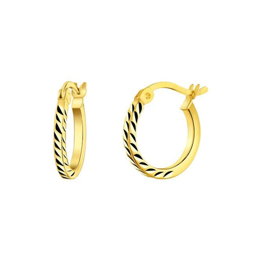 Half Diamond Cut Gold Clip Hoop Earrings, 14mm Small