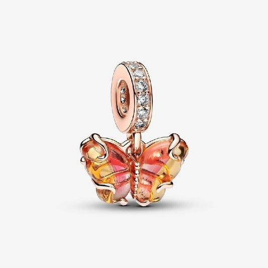 Rose Pink & Yellow Murano Glass Butterfly Dangle Charms