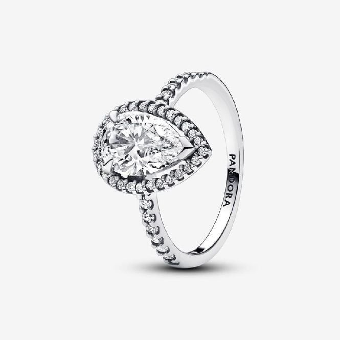 Sparkling Pear Halo Ring, Size 58