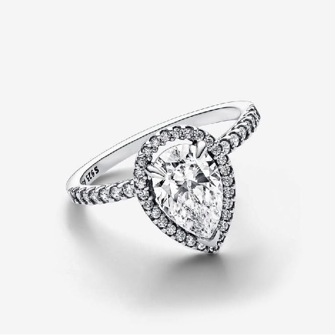 Sparkling Pear Halo Ring, Size 58
