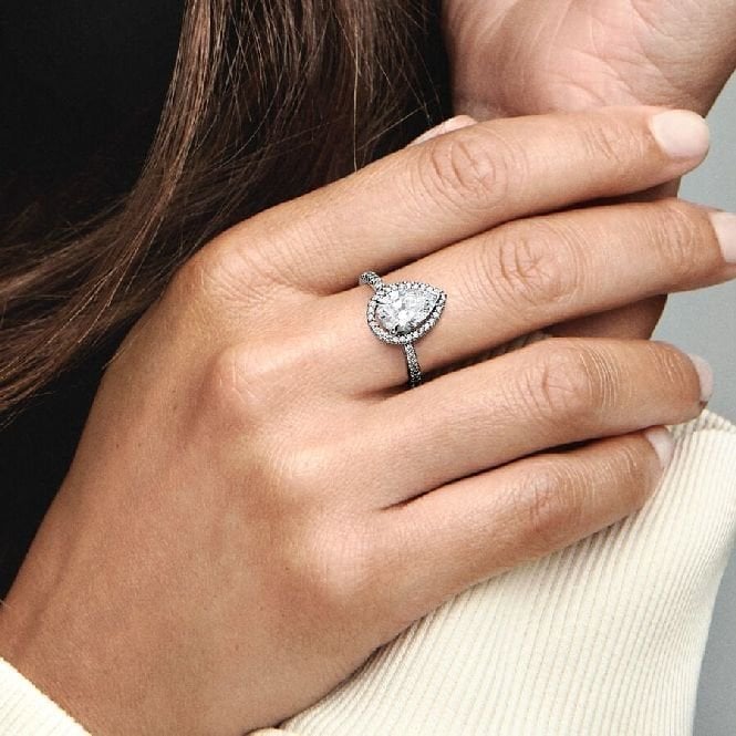 Sparkling Pear Halo Ring, Size 58