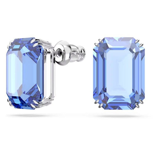 Millenia Stud Earrings with Octagon-Cut Blue Crystals in Rhodium Silver