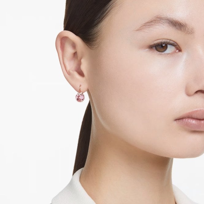Bella V Drop Earrings with Round-Cut Pink Crystal in Rose Gold