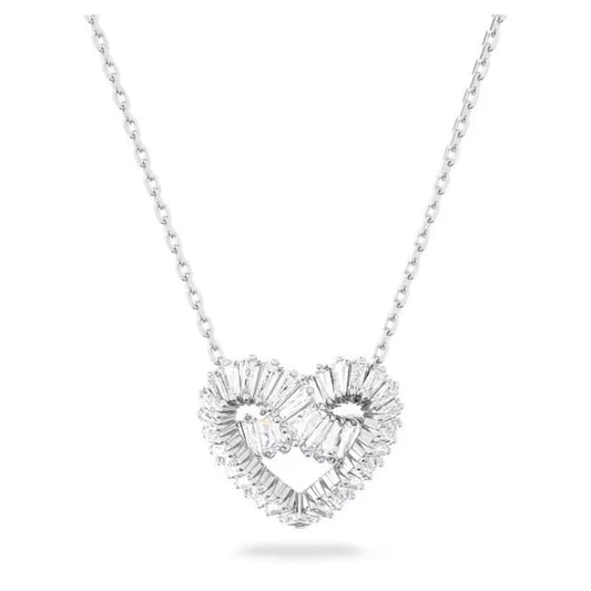 Matrix Pendant Necklace with Mixed-Cut White Crystal Hearts in Rhodium Silver