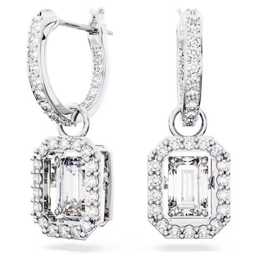 Una Drop Earrings with Octagon-Cut White Crystal in Rhodium Silver