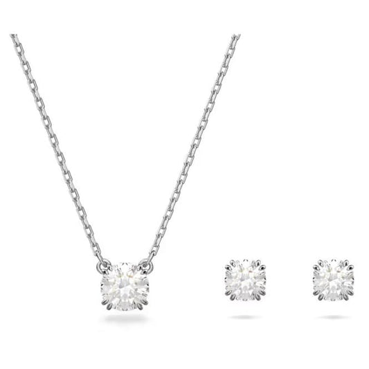 Stilla Necklace & Earrings Set with Round-Cut White Crystal in Rhodium Silver