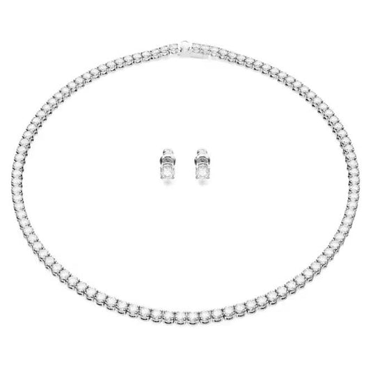 Matrix Necklace & Earrings Tennis Set with Round-Cut White Crystal in Rhodium Silver