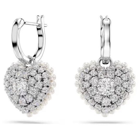 Hyperbola Heart Drop Earrings with White Crystal Pearl in Rhodium Silver