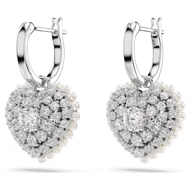 Hyperbola Heart Drop Earrings with White Crystal Pearl in Rhodium Silver