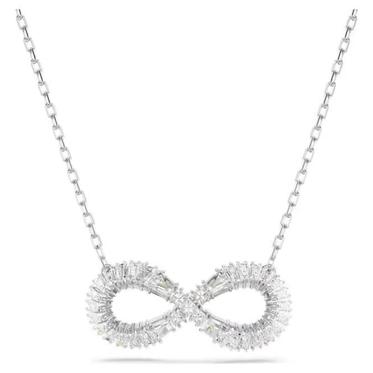 Hyperbola Infinity Pendant Necklace with White Crystal in Rhodium Silver