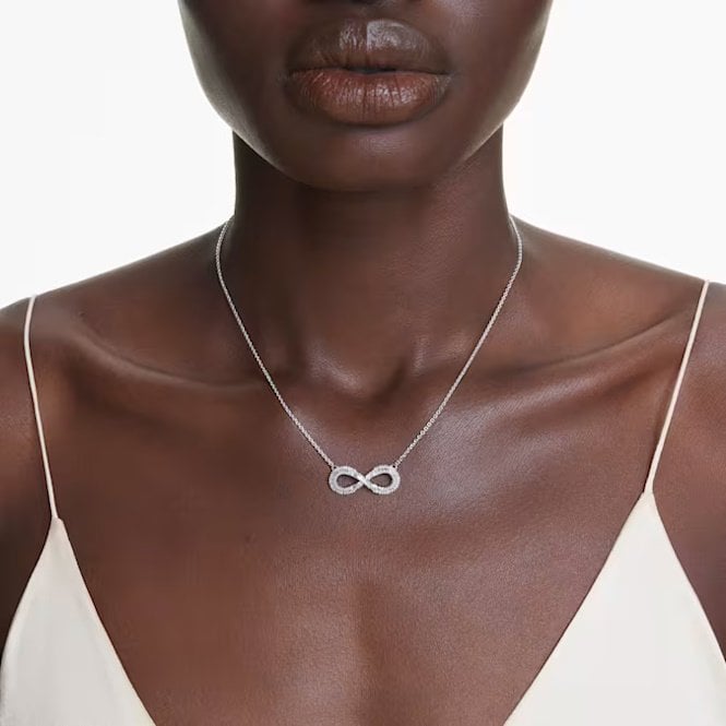 Hyperbola Infinity Pendant Necklace with White Crystal in Rhodium Silver