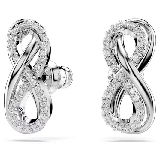 Hyperbola Infinity Stud Earrings with White Crystal in Rhodium Silver