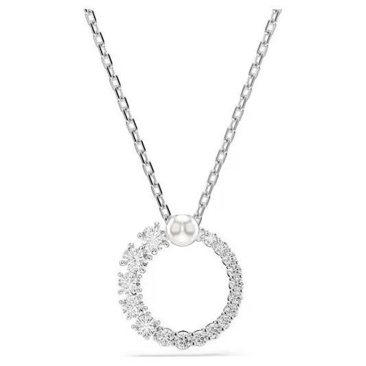 Matrix Pearl Pendant Necklace with Round-Cut White Crystal in Rhodium Silver