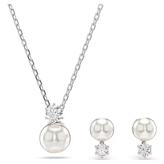 Matrix Necklace & Earrings Pearl Set with Round-Cut White Crystal in Rhodium Silver