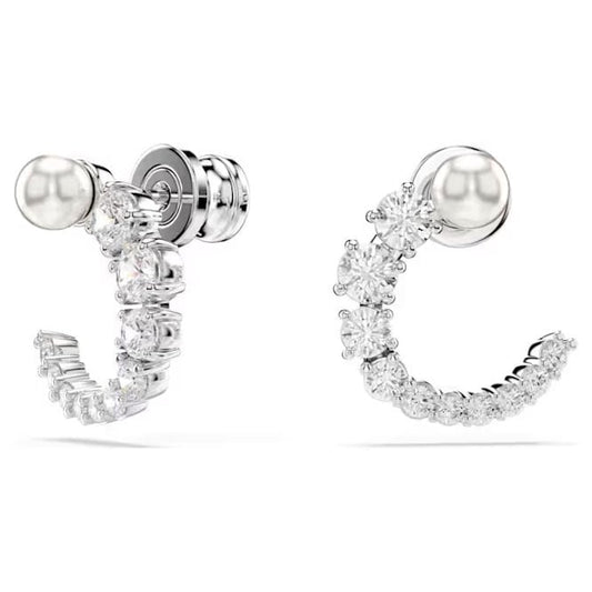 Matrix Pearl Hoop Earrings with Round-Cut White Crystal in Rhodium Silver