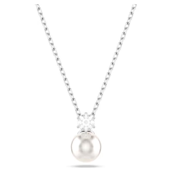 Matrix Pearl Pendant Necklace with Round-Cut White Crystal in Rhodium Silver