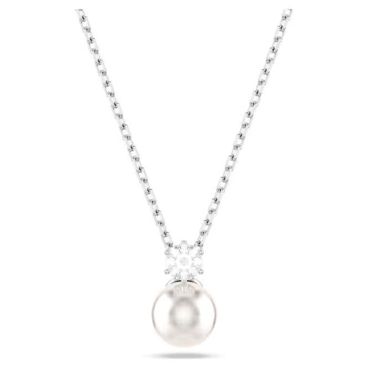 Matrix Pearl Pendant Necklace with Round-Cut White Crystal in Rhodium Silver