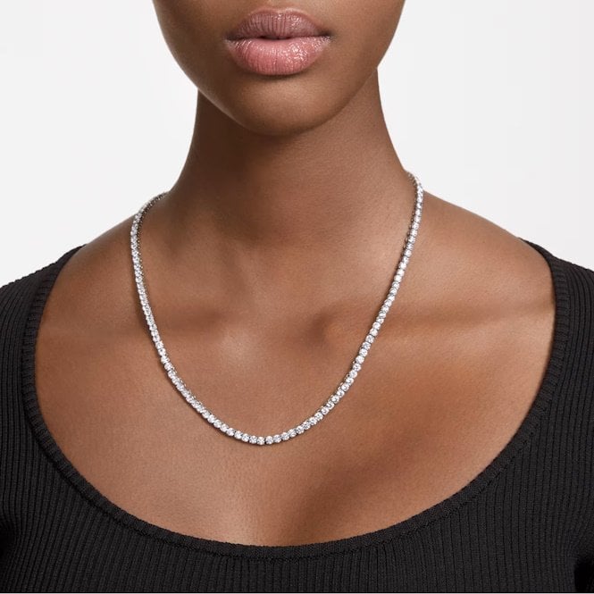 Matrix Tennis Necklace with Round-Cut White Crystal in Rhodium Silver