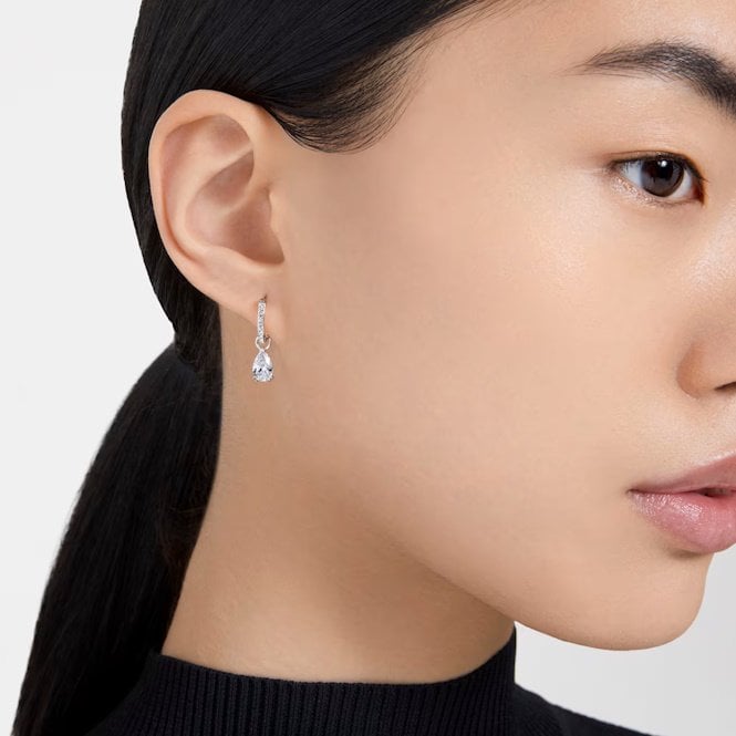 Stilla Hoop Earrings with Pear-Cut White Crystal in Rhodium Silver