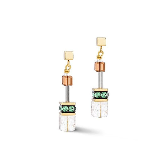 GeoCUBE Iconic Nature Earrings in Gold with Olive & Brown