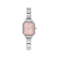 Time Paris Rectangle Pastel Pink Dial & Silver Charm Bracelet Watch