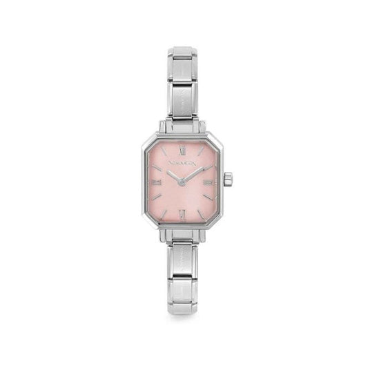 Time Paris Rectangle Pastel Pink Dial & Silver Charm Bracelet Watch