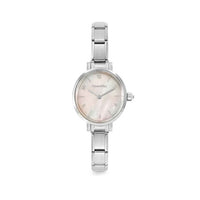 Time Paris Oval Pink Mother of Pearl Dial & Silver Charm Bracelet Watch with CZ