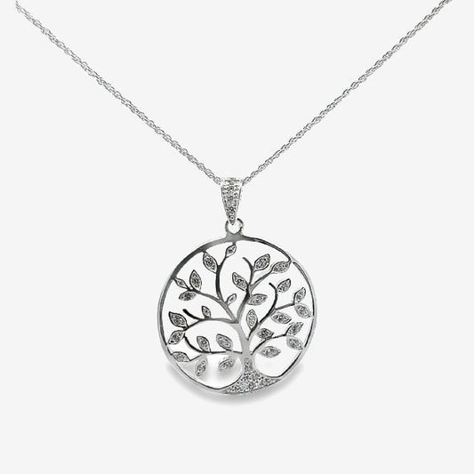 Silver & CZ Family Tree Pendant Necklace
