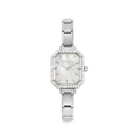 Time Paris Rectangle Mother of Pearl Dial & Silver Charm Bracelet Watch with CZ