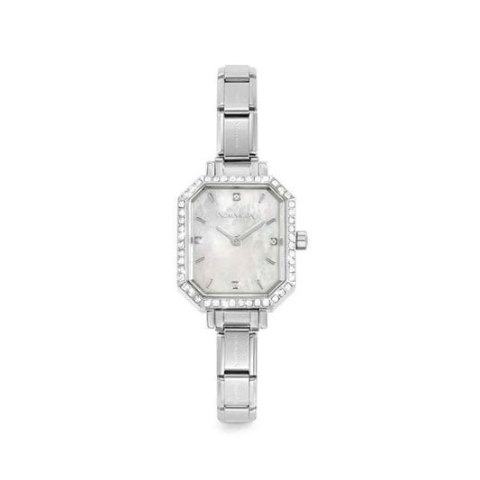 Time Paris Rectangle Mother of Pearl Dial & Silver Charm Bracelet Watch with CZ