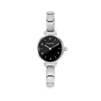 Time Paris Oval Black Dial & Silver Charm Bracelet Watch with CZ