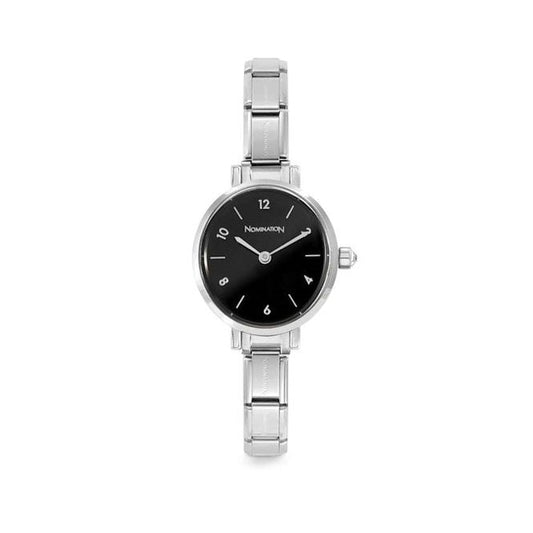 Time Paris Oval Black Dial & Silver Charm Bracelet Watch with CZ