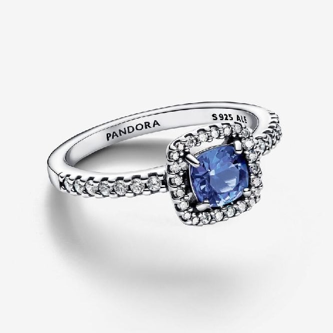 Sparkling Square Blue Halo Ring, Size 52