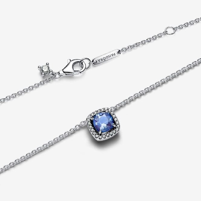 Sparkling Square Blue Halo Pendant Necklace, 45cm