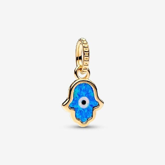 Gold Opalescent Blue Hamsa Hand Dangle Charms